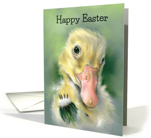 Happy Easter Yellow Gosling Chick Dandelion Pastel Bird Art card