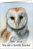 Personalized Teacher Appreciation Day Barn Owl Pastel Bird Art card