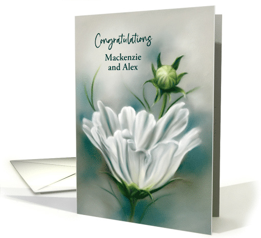 Personalized Names Wedding Congratulations White Cosmos Flower card