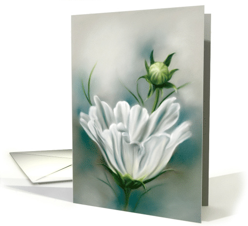 Any Occasion White Cosmos Flower and Bud Pastel Art Blank card