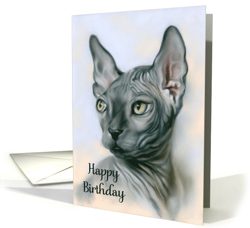Happy Birthday Wrinkles Sphynx Cat Gray Feline Portrait Art card