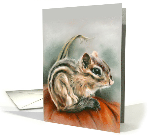 Any Occasion Cute Chipmunk Autumn Pumpkin Pastel Art Blank card