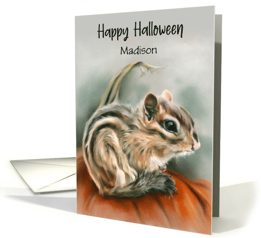 Personalized Name Halloween Chipmunk Autumn Pumpkin Art M card