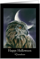 Custom Relative Halloween Grandson Owl and Crescent Moon Art card