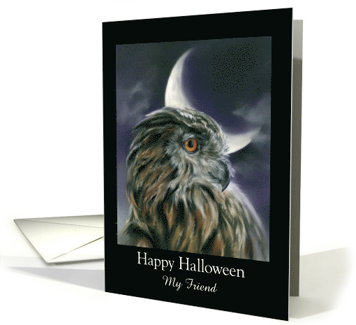 Personalized Friend Halloween Spooky Owl and Crescent Moon Art card