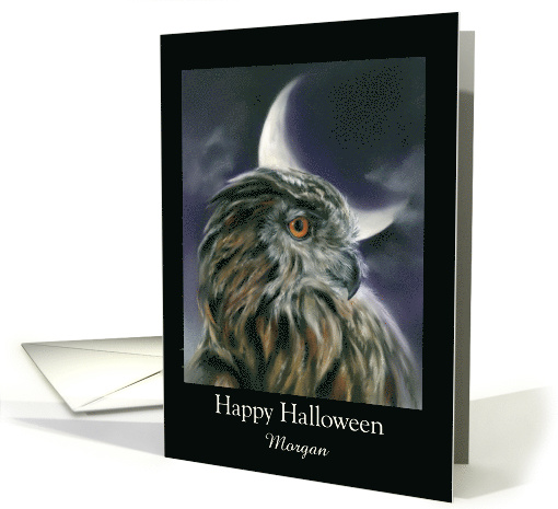 Custom Name Halloween Spooky Owl and Crescent Moon Art M card