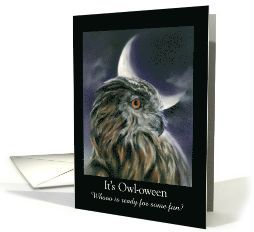 Custom Halloween Humor Spooky Owl and Crescent Moon Pastel Art card