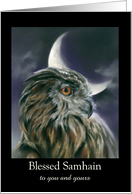 Personalized Blessed Samhain Pagan Owl and Crescent Moon Pastel Art card