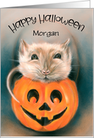 Personalized Name Halloween Cute Rat in Pumpkin Bucket Animal Art M card