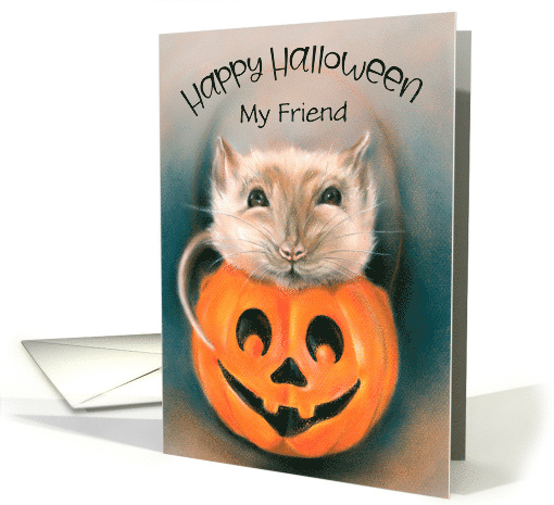 Custom Halloween for Friend Cute Rat in Pumpkin Bucket Animal Art card