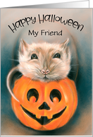 Custom Halloween for Friend Cute Rat in Pumpkin Bucket Animal Art card