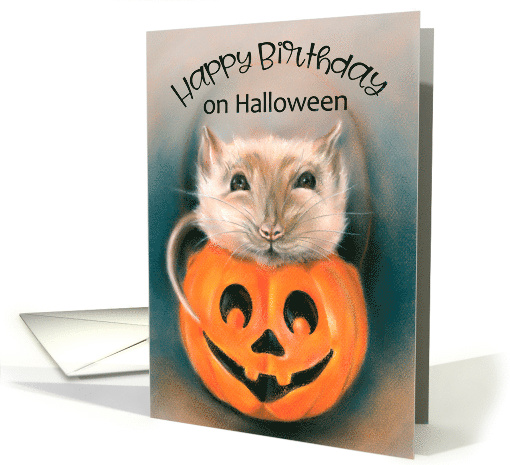 Happy Birthday on Halloween Cute Rat in Pumpkin Bucket Animal Art card