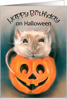 Happy Birthday on Halloween Cute Rat in Pumpkin Bucket Animal Art card