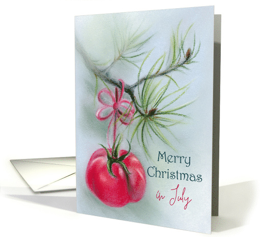 Merry Christmas in July Ripe Summer Tomato with Bow on Pine Bough card
