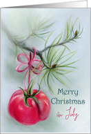 Merry Christmas in July Ripe Summer Tomato with Bow on Pine Bough card