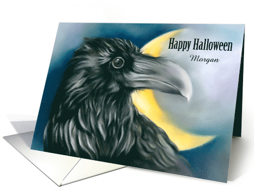 Custom Name Halloween Spooky Black Raven Crescent Moon Art M card