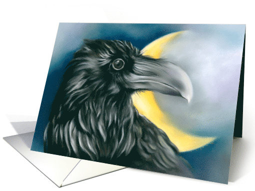 Any Occasion Black Raven and Crescent Moon Pastel Art Blank card