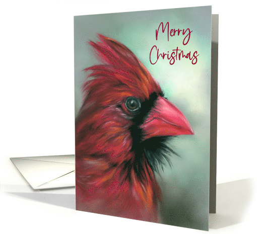 Merry Christmas Red Male Cardinal Songbird Pastel Art card (1691228)