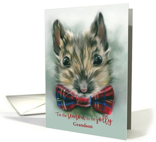 Christmas Grandson Cute Mouse with Red Tartan Bow Custom Relative card