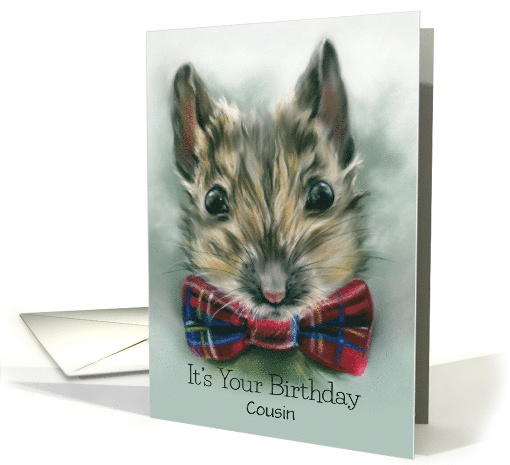 Birthday Cousin Cute Mouse with Red Tartan Bow Custom Relative card