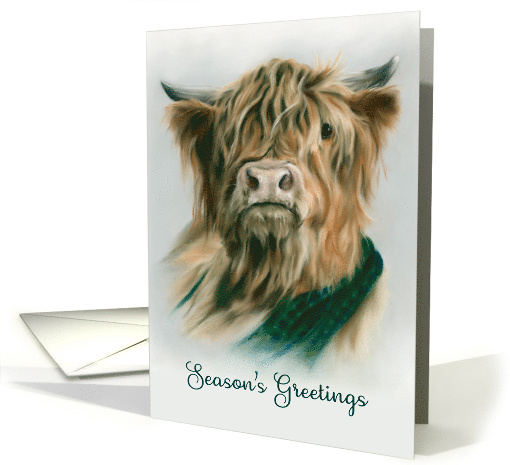 Seasons Greetings Christmas Highland Cow with Plaid Pastel Art card