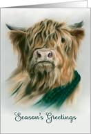 Seasons Greetings Christmas Highland Cow with Plaid Pastel Art card