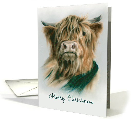 Merry Christmas Highland Cow with Blue and Green Plaid Pastel Art card