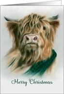 Merry Christmas Highland Cow with Blue and Green Plaid Pastel Art card