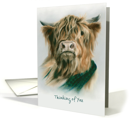 Thinking of You Custom Highland Cow with Plaid Pastel Art card