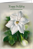Birthday at Christmas White Narcissus and Green Ivy Floral Pastel Art card