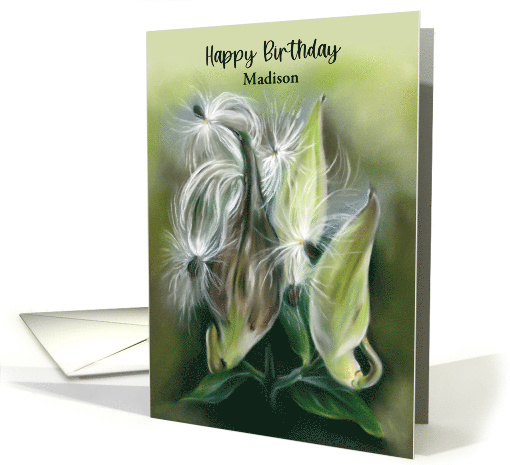 Custom Name Birthday Autumn Milkweed Seedpods Pastel Art M card