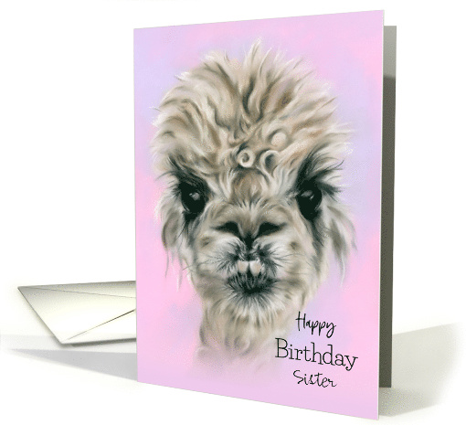 Sister Birthday Pretty Alpaca on Pink Pastel Art Custom Relative card