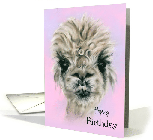 Happy Birthday Pretty Alpaca on Pink Pastel Cute Animal Art card
