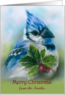 From Name Personalized Christmas Blue Jay with Holly Pastel Bird Art card