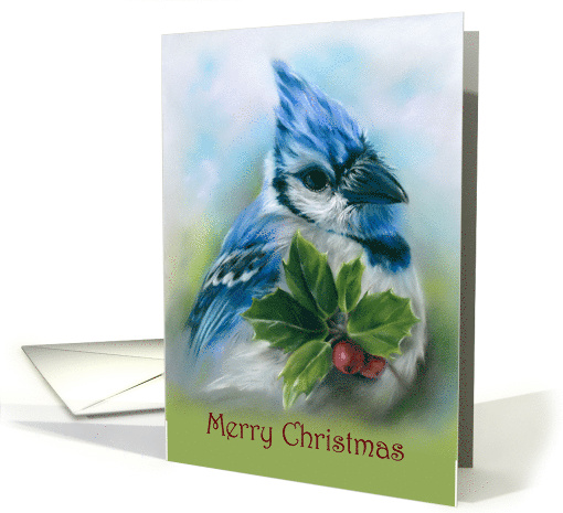 Merry Christmas Blue Jay with Holly Pastel Bird Art card (1701696)
