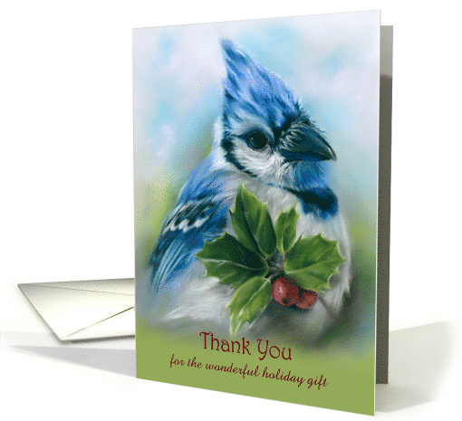 Custom Thank You for Christmas Gift Blue Jay with Holly Bird Art card