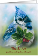 Custom Thank You for Christmas Gift Blue Jay with Holly Bird Art card
