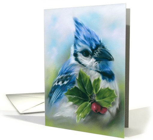 Any Occasion Blue Jay with Holly Pastel Bird Art Blank card (1701722)