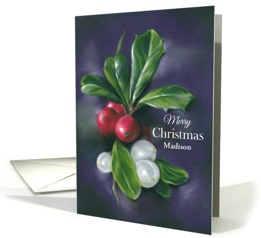 Personalized Name Christmas Winter Berries Holly Mistletoe Art M card
