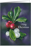 Merry Christmas Winter Berries Holly Mistletoe Pastel Art card