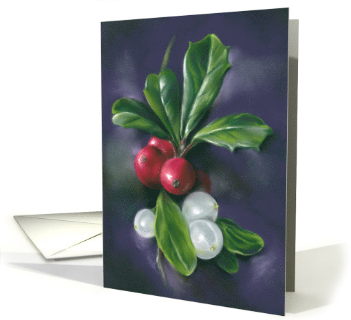 Any Occasion Winter Berries Holly Mistletoe Pastel Art Blank card