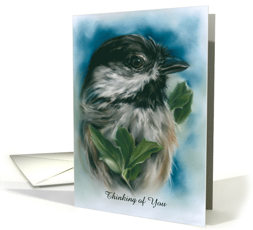 Thinking of You Custom Chickadee with Oak Leaves Bird Art card