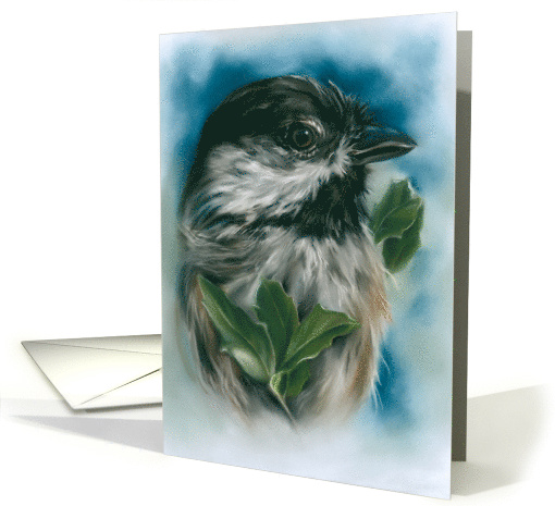 Any Occasion Chickadee with Oak Leaves Bird Pastel Art Blank card