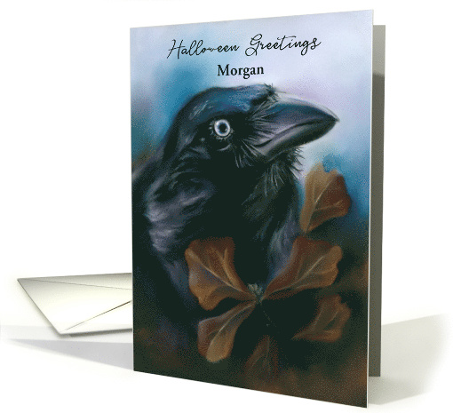 Custom Name Halloween Raven Autumn Oak Leaves Bird Art M card