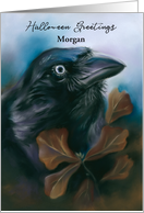 Custom Name Halloween Raven Autumn Oak Leaves Bird Art M card