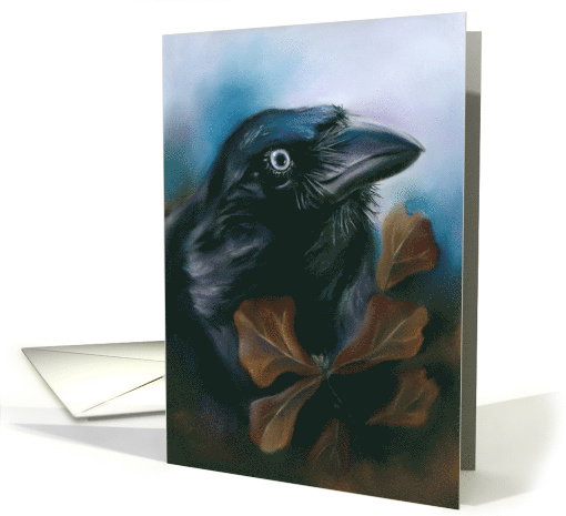 Any Occasion Raven Autumn Oak Leaves Pastel Bird Art Blank card