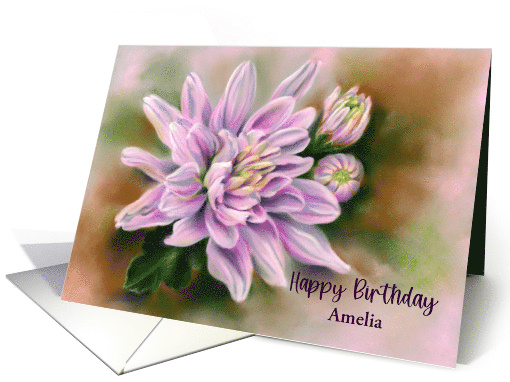 Birthday Custom Name Pink Chrysanthemums Flower Pastel Art A card