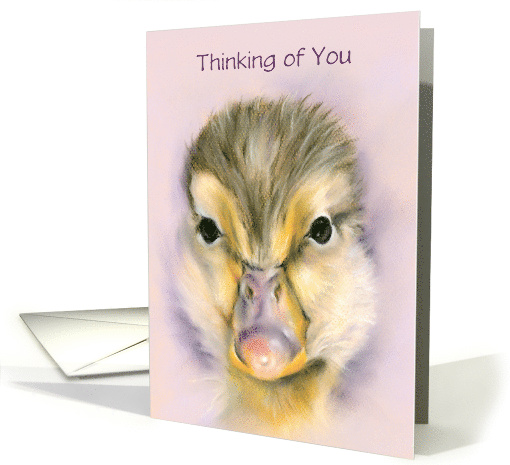 Thinking of You Sweet Yellow Duckling Pastel Bird Art Custom card