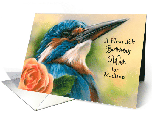 Birthday Personalized Name Kingfisher Orange Rose Bird Art M card