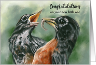 Congratulations New Parent Robin Feeding Chick Pastel Bird Art Custom card